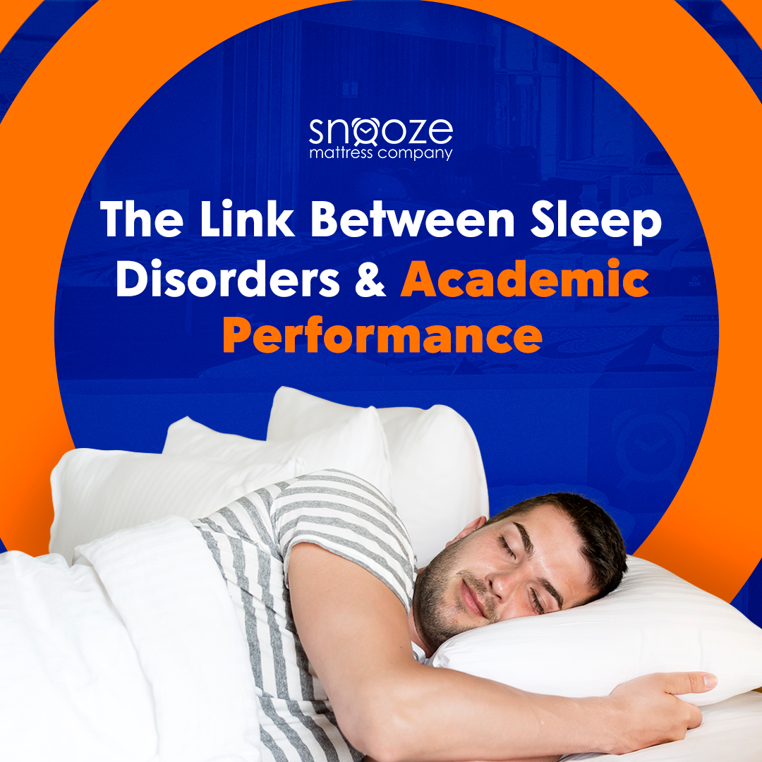 graphic that says The Link Between Sleep Disorders and Academic Performance with a photo of a young man asleep on a pillow